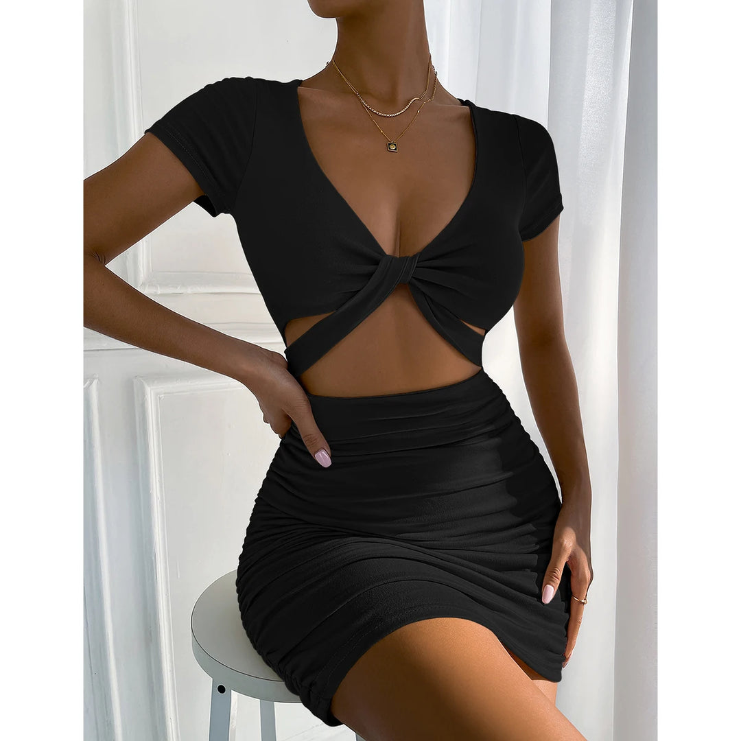 Sexy V Neck Hollow out Bodycon Mini Dress Women's Short Sleeve Pleated Slim Fit Wrap Hip Dress Party Nightclub Dress - THAT FASHION STORE