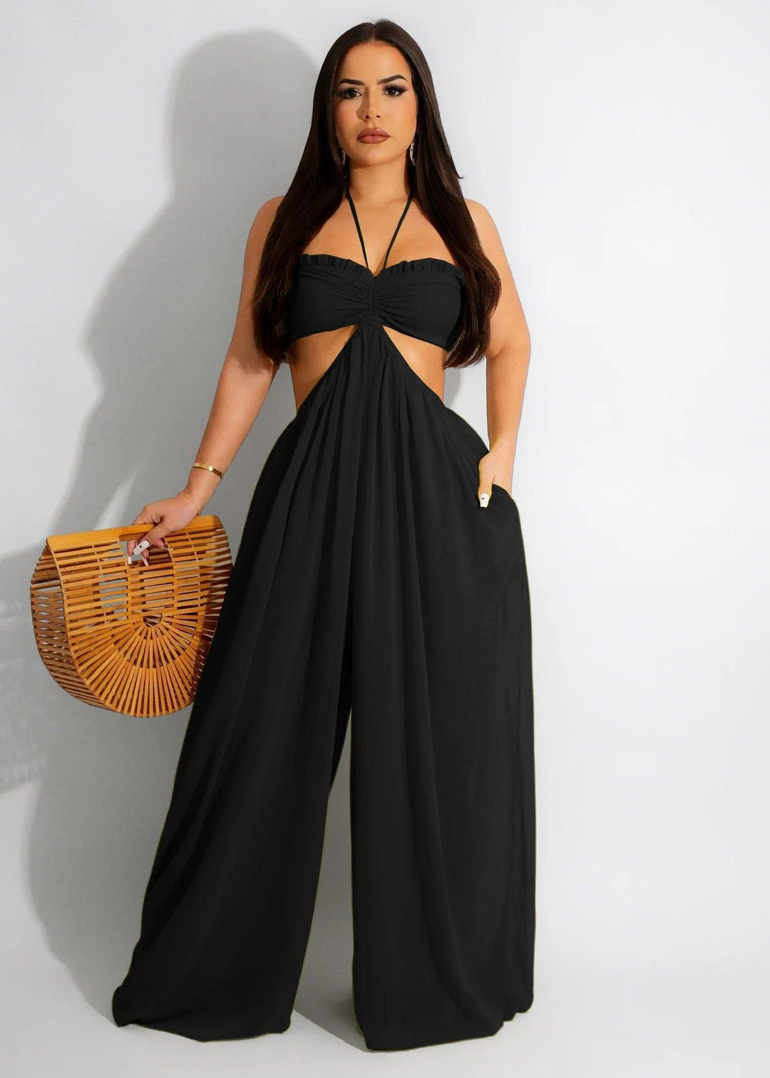 High Waist Wide Leg Jumpsuit Women Elegant Solid Color Chiffon Backless Halter Bodysuit-THAT FASHION STORE