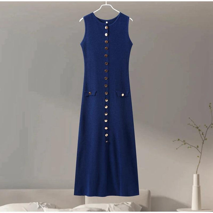 Elegant Knitted Single Breasted Dresses Women Solid Sleeveless O Neck Pockets Bodycon Long Dress 2024 Summer Office Lady Robe-THAT FASHION STORE