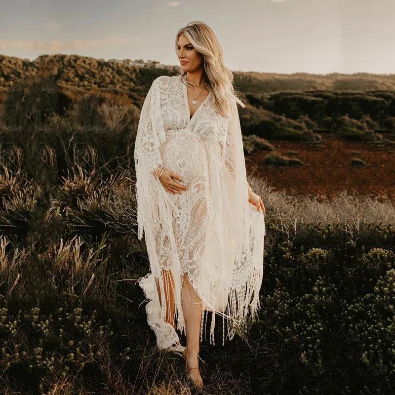 Boho Lace Maternity Photography Props Dresses Free Size Adjustable Pregnancy Photo Shoot Bohemian Long Dress Sides Slit-THAT FASHION STORE