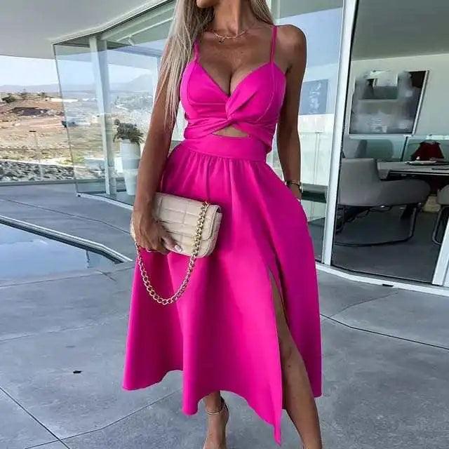 Solid Big Hem Dresses Women Sexy V-neck Backless Summer Fashion Twist Design Hollow Out Long Casual Sleeveless Sling Dress-THAT FASHION STORE