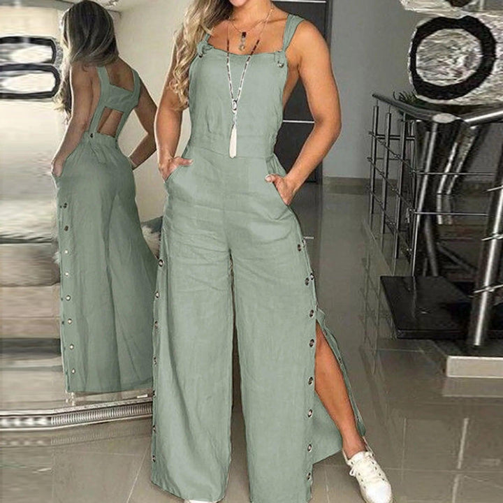 Women's Summer Sleeveless Twisted Knot Cotton Linen Strappy Jumpsuit Side Button Opening Loose Long Pants Women Playsuit Overall-THAT FASHION STORE