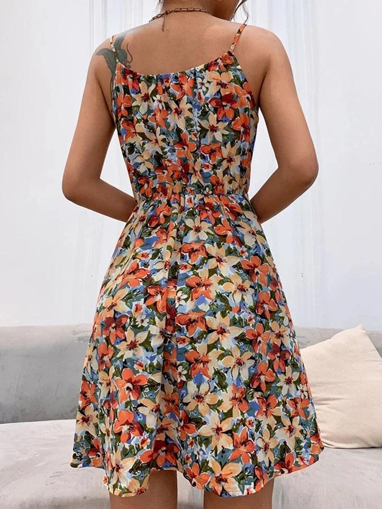 Sexy Floral Print Short Dress Women Summer Fashion Black Backless Beach Sundress Casual Sleeveless Lace-up New In Dresses 2024-THAT FASHION STORE