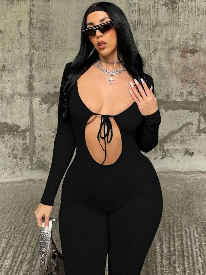 Hugcitar Fall Solid V Neck Long Sleeve Hollow Out Lace Up Sexy Bodycon Jumpsuit Women Fashion Streetwear Sport Romper Overalls-THAT FASHION STORE