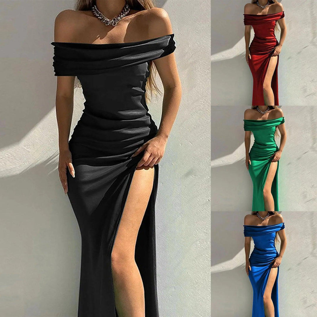 Elegant Solid Off Shoulder Dress Women Sexy High Side Split Luxury Formal Maixi Dresses Ladies Vestidos Evening Party Night-THAT FASHION STORE