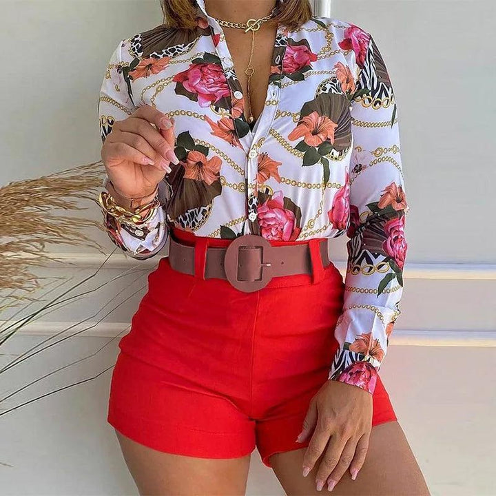 Women's Shorts Suit Summer Fashion Sexy V Neck Long Sleeve Shirts Slim Wear A Belt Elegant Female Blouse Office Two Piece Set-THAT FASHION STORE