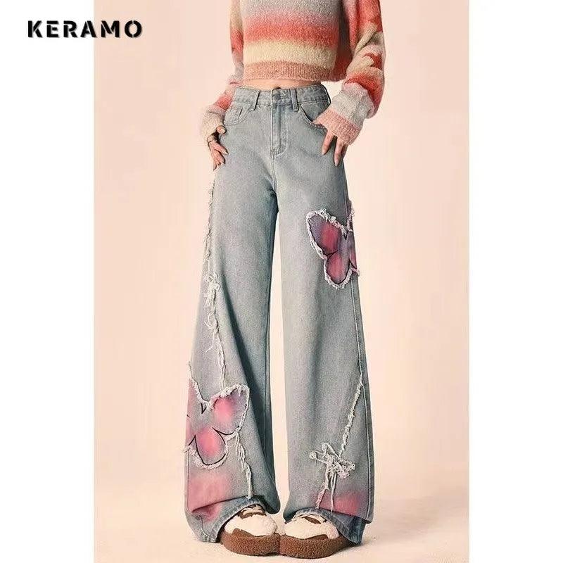 Korean Vintage Y2K Wide Leg Baggy Denim Trouser Fashion Women's Casual High Waist Pants Butterfly Print Blue Straight Jeans-THAT FASHION STORE