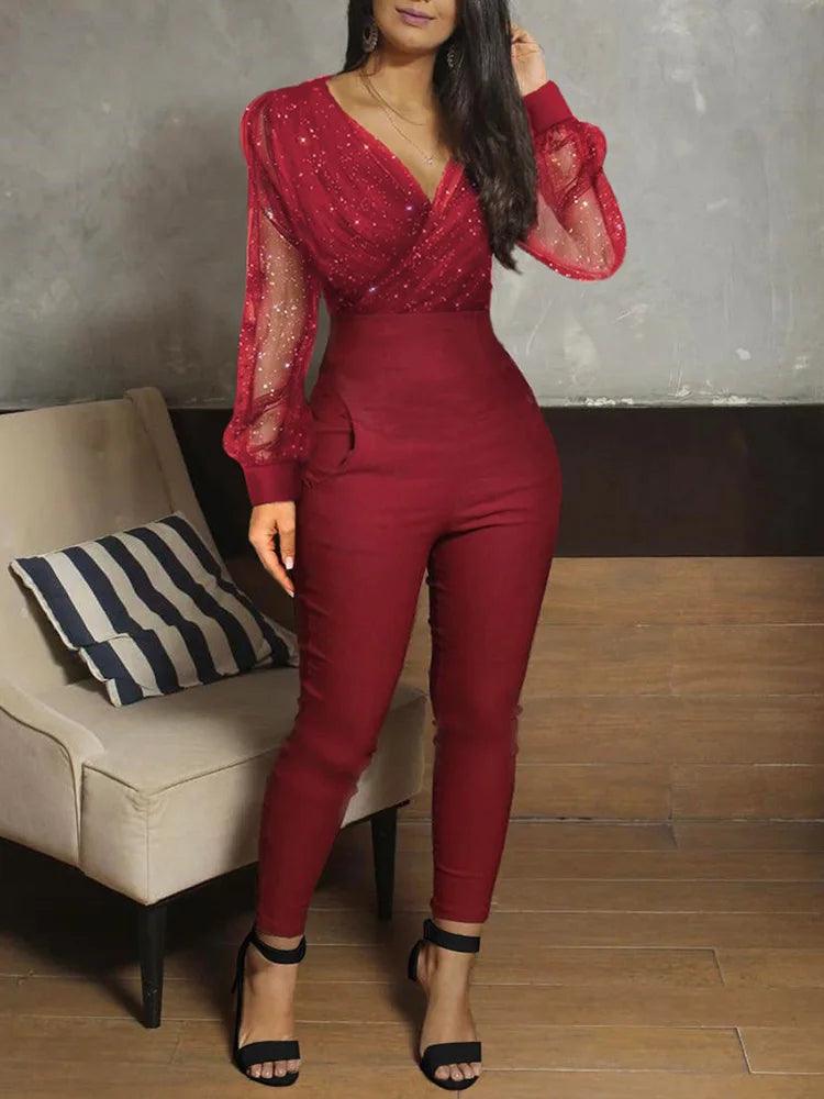 Sheer Mesh Glitter Ruched Wrap Jumpsuit Women Ropmers Long Sleeve V Neck Skinny Fit One Piece Overalls Jumpsuit-THAT FASHION STORE