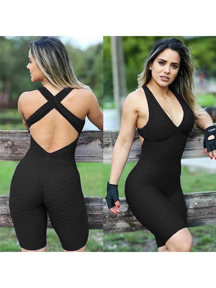 Sexy Backcross Women Bodysuit Sleeveless Textured Jumpsuit Women One Piece Gym Sport Workout Fitness Rompers For Female Summer-THAT FASHION STORE