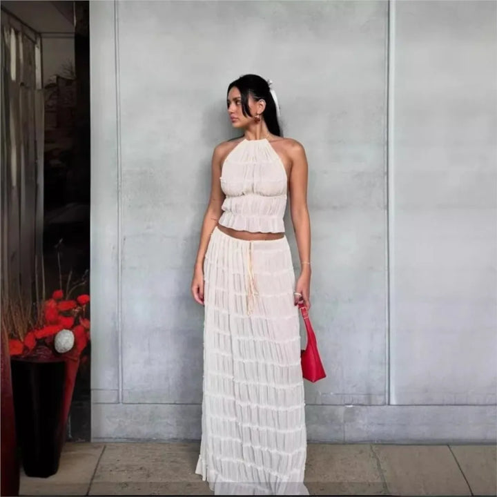 Chic Backless Halter Neck Maxi Skirt Set for Women - Trendy Two-Piece Lace Up Outfit for Spring/Summer 2024 - THAT FASHION STORE