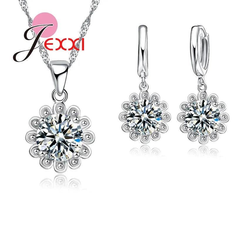 Cheap Sale 925 Sterling SilverCrystal Flower Square Pendant Necklace Earrings Jewelry Set For Women Girls Wedding Engagement-THAT FASHION STORE