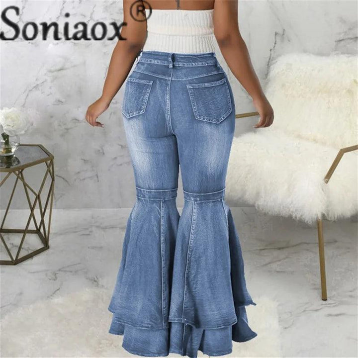 Fashion Splicing Layers Flared Jeans Women High Waist Comfortable Commuter Denim Pants Female Casual Stretch Wide Leg Trousers-THAT FASHION STORE