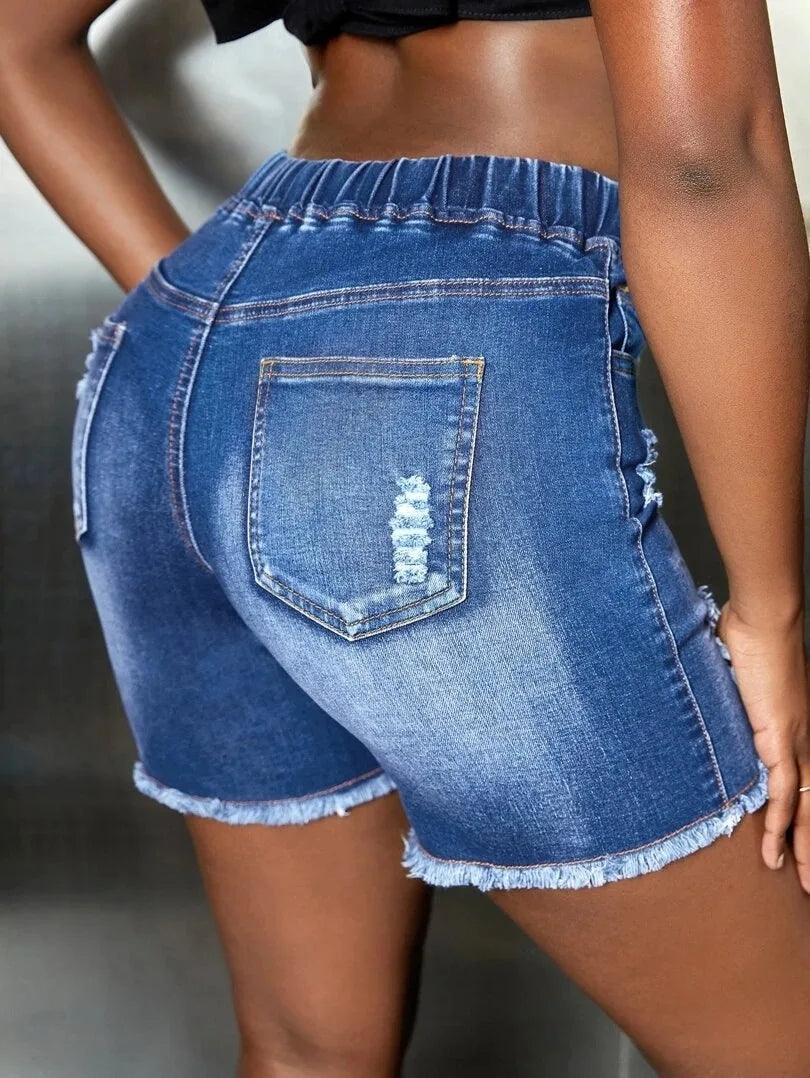 2023 Summer New Elastic Waist Ripped Denim Shorts For Women Fashion High Stretch Skinny Tassel Sexy Shorts Jeans Casual Clothing-THAT FASHION STORE