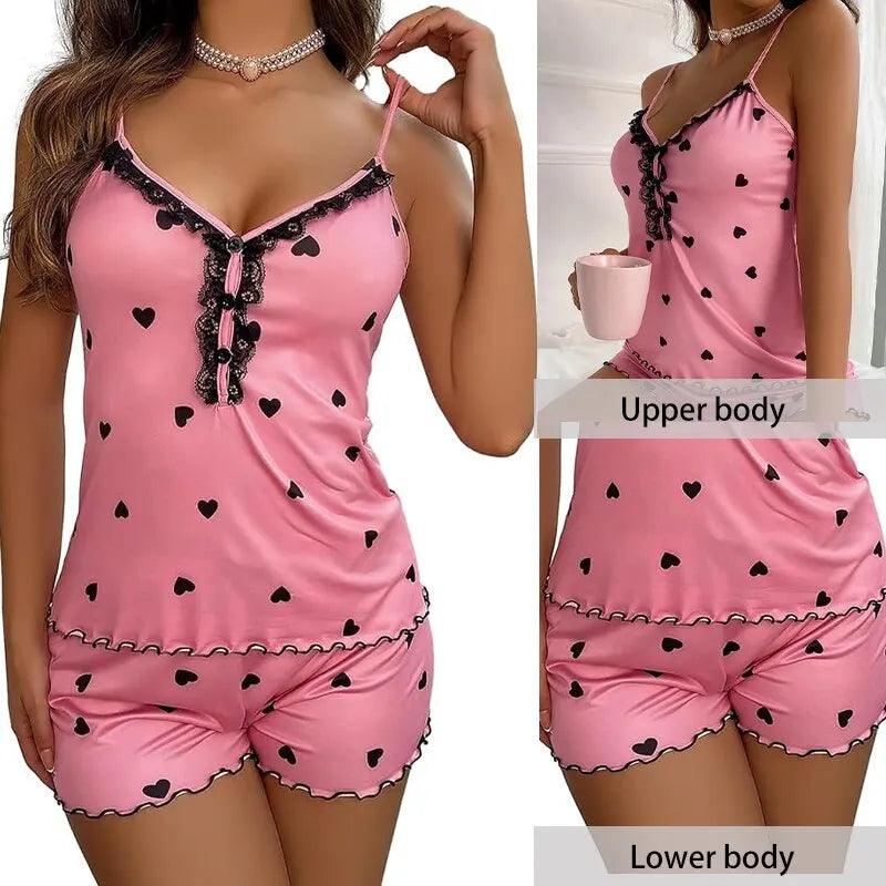 Sexy Summer Two Pieces Women Pajamas Set Deep V-Neck Tops And Shorts Pajama Suit Ladies Sleeveless Nightwear For Female-THAT FASHION STORE