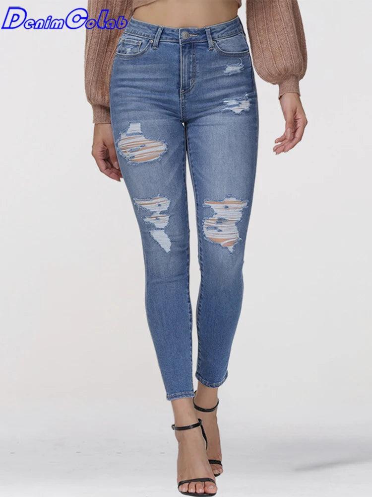 Denimcolab 2024 New Women’s Skinny Jeans With Fashion Ripped High Waist Pencil Pants Ladies Streetwear Casual Solid Hole Jeans-THAT FASHION STORE