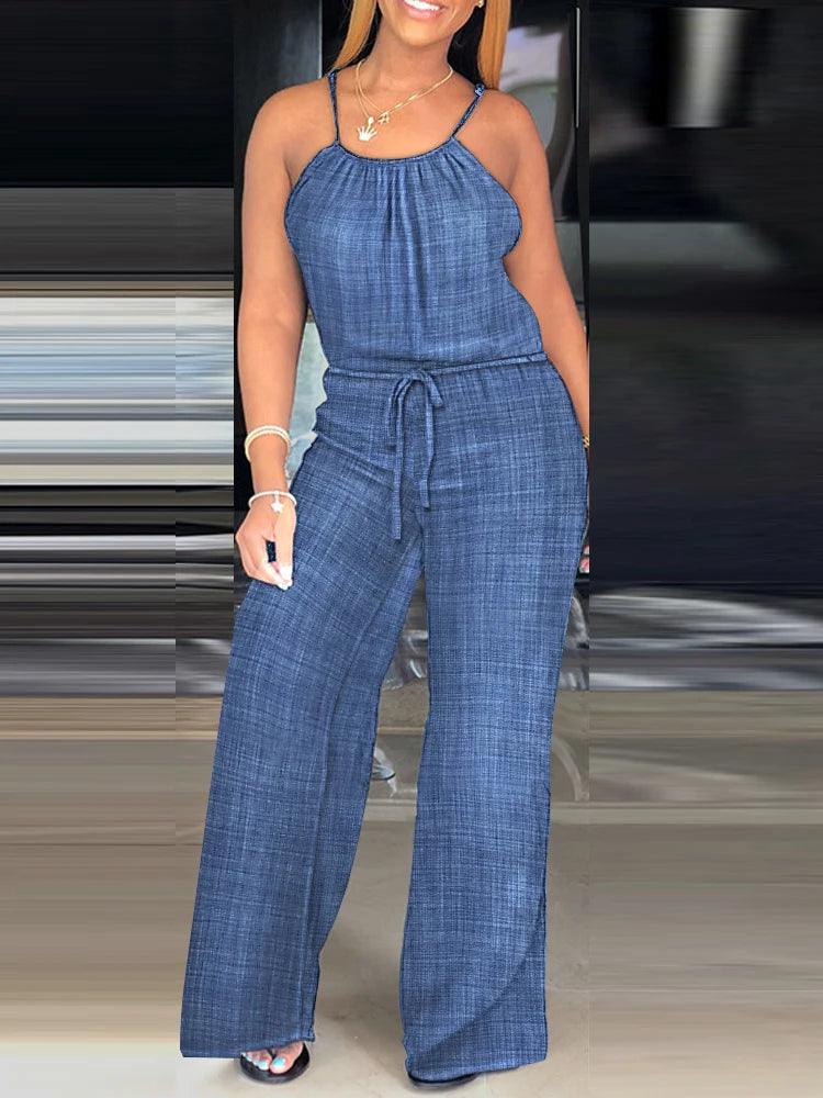 Spaghetti Strap Jumpsuit Women Rompers Summer Drawstring Casual One Piece Wide Leg Pants Jumpsuit Lady Overalls 2024 Clothing-THAT FASHION STORE