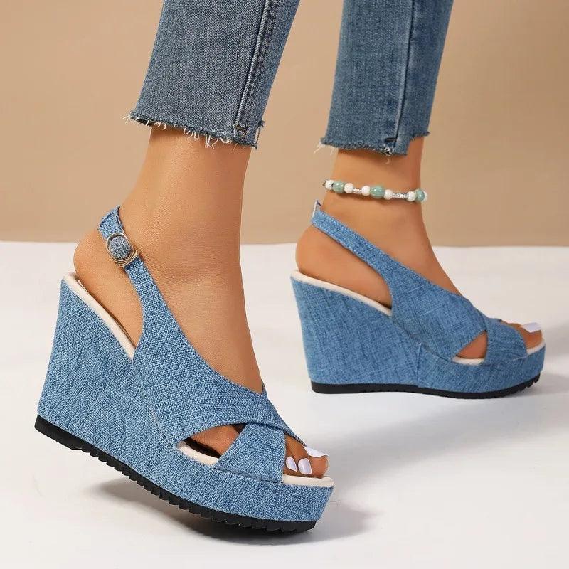 DOGHC 2024 NEW Size 35-43 Shoes for Women Ankle Buckle Wedges Sandals for Women Summer Denim Sandal Comfortable Thick Sole-THAT FASHION STORE