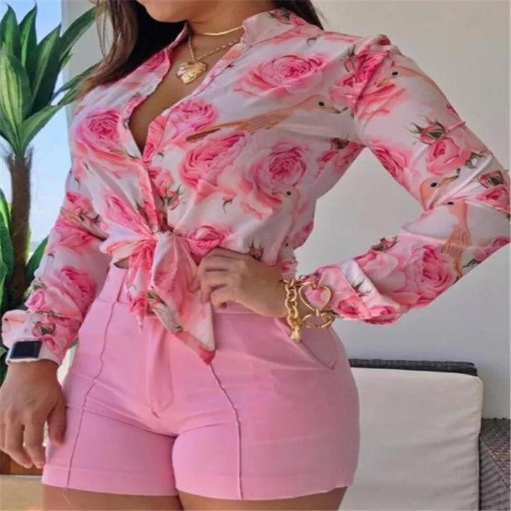 Womens Two Piece Sets Outfit Leaf Print Button Down Shirt & Shorts Set New Fashion 2023 Summer Casua Female Clothing Outfits-THAT FASHION STORE