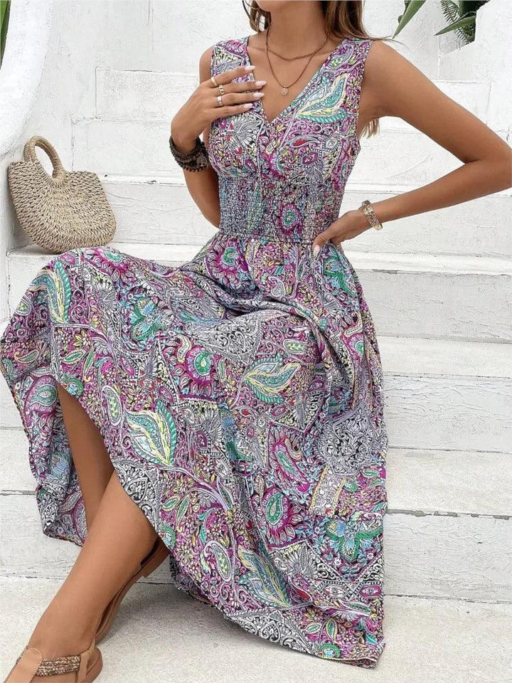 Fashion Bohemian Style Printed Sleeveless Dresses Women Sexy V-neck High Waist A-line Long Dress Casual Elegant Vestido Feminino-THAT FASHION STORE