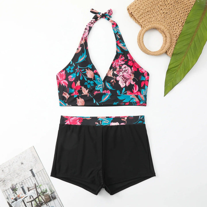 2024 Women Sexy Tankini Beachwear Leaf Pattern 2 Pieces Suit Swimwear Halter Lace-Up Backless Swimsuit High Waist Push Up Shorts-THAT FASHION STORE