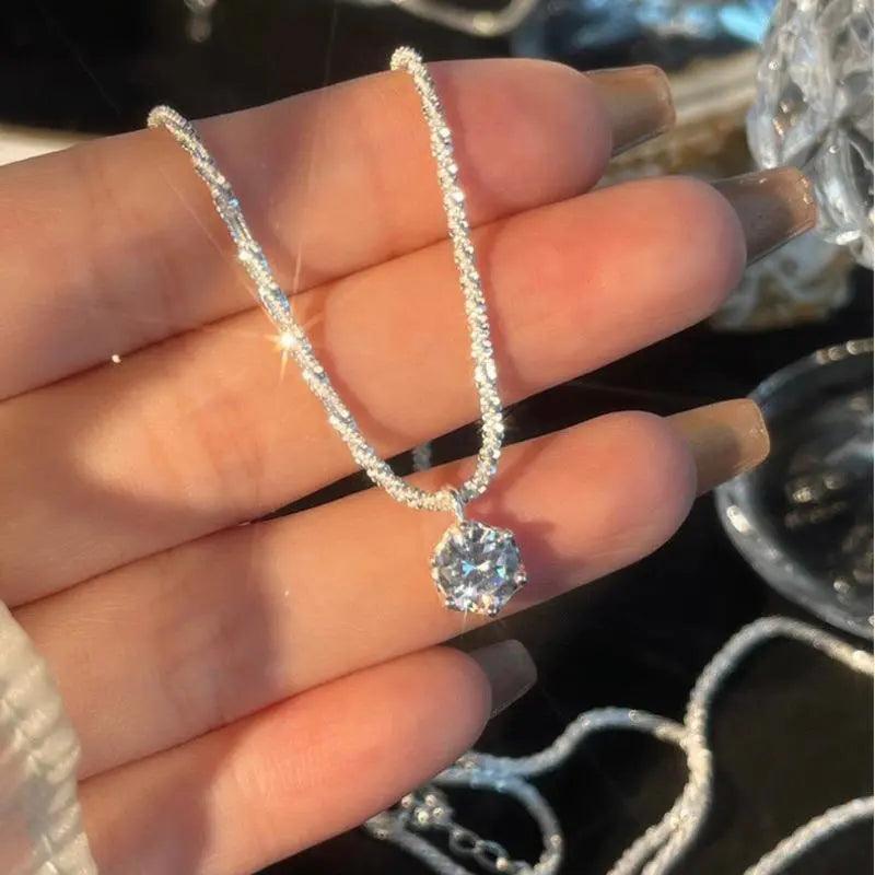 Popular S925 Sterling Silver Sparkling Necklace for Women Light Luxury Round White Diamond Pendant Galaxy Collar Chain Jewelry-THAT FASHION STORE