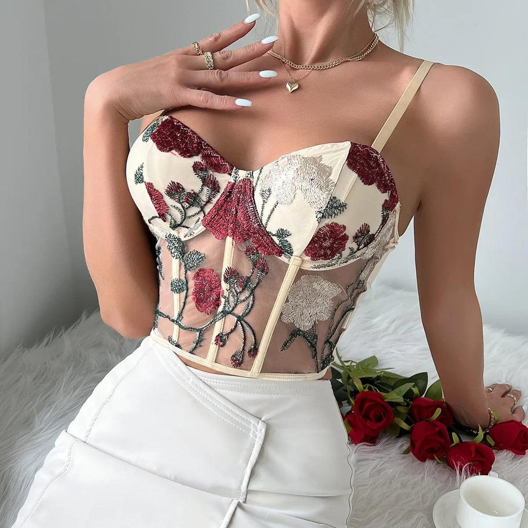 Women Mesh Hollow Out Sexy Crop Tops Flower Embroidery Sweet Tank Top Spaghetti Camis Streetwear Tube Top Spring Summer-THAT FASHION STORE