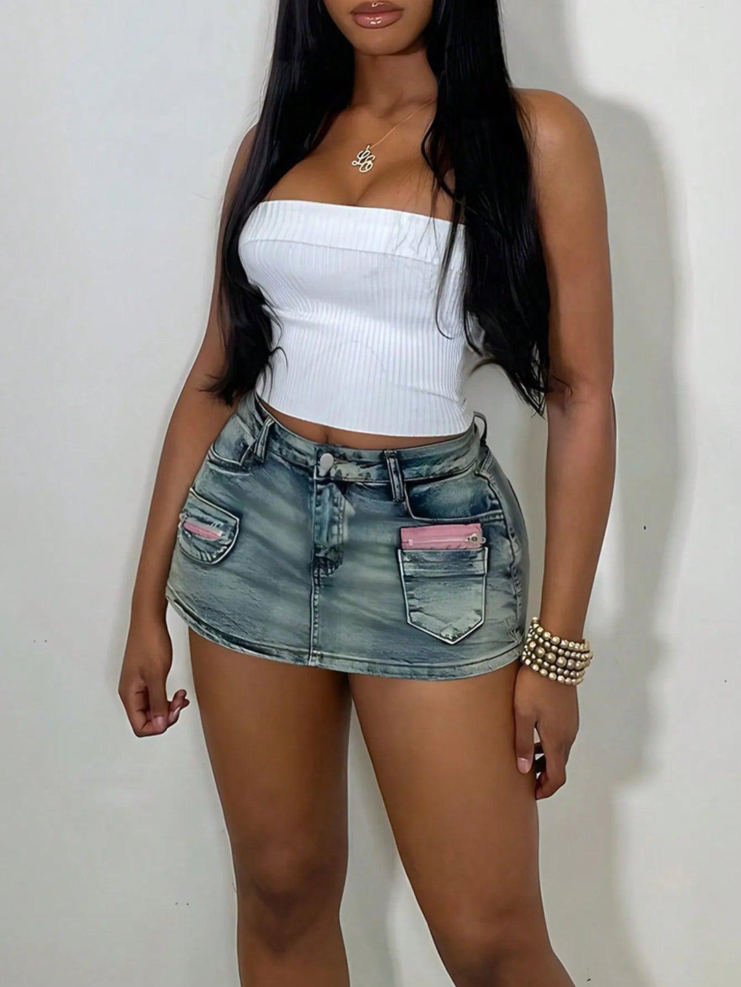 Summer Trend Female Fashion Shorts Zip Detail Colorblock Patched Pocket Mini Mid Waist Denim Skort Chic VintageVersatile Style-THAT FASHION STORE