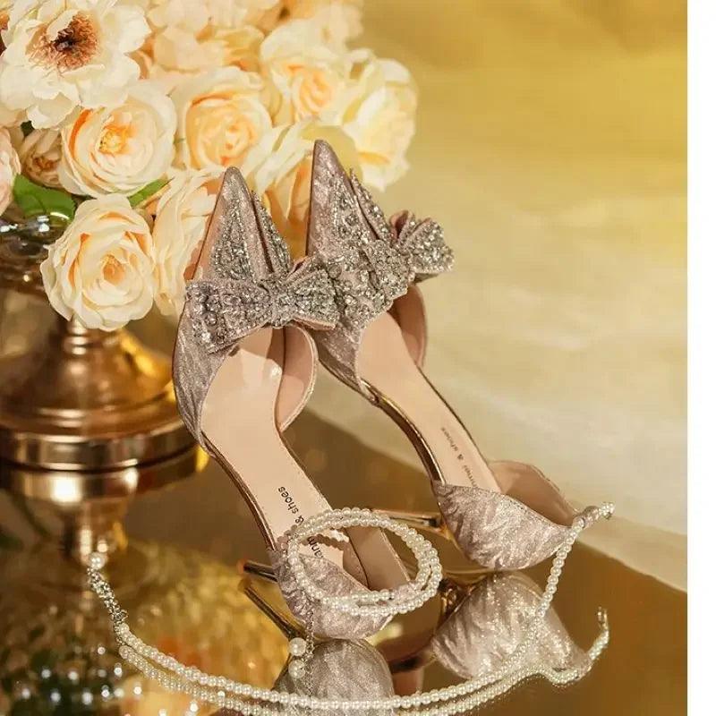 2024 Summer Luxury Women's High Heel Sandals Rhinestone Butterfly Pearl Champagne Party Wedding Shoes Birthday High Heels-THAT FASHION STORE