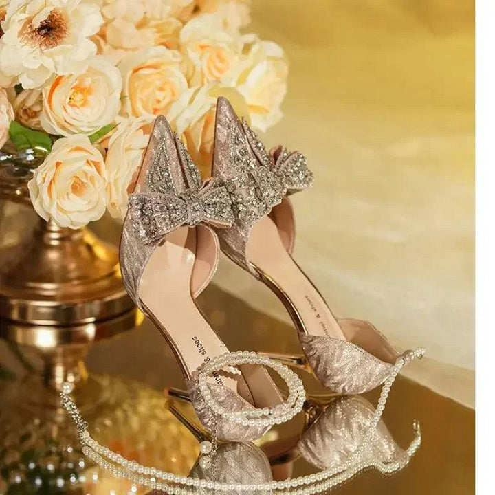 2024 Summer Luxury Women's High Heel Sandals Rhinestone Butterfly Pearl Champagne Party Wedding Shoes Birthday High Heels-THAT FASHION STORE