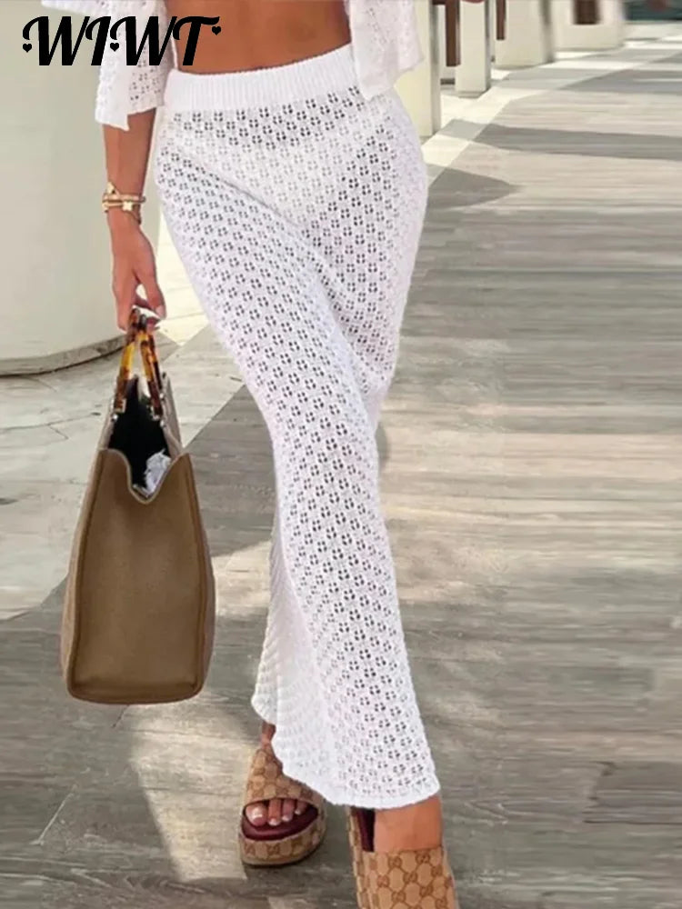 Chic Knit Hollow Out Cardigan and Ankle-Length Skirt Set for Women - Slim Fit Summer Beach Ensemble 2024 - THAT FASHION STORE