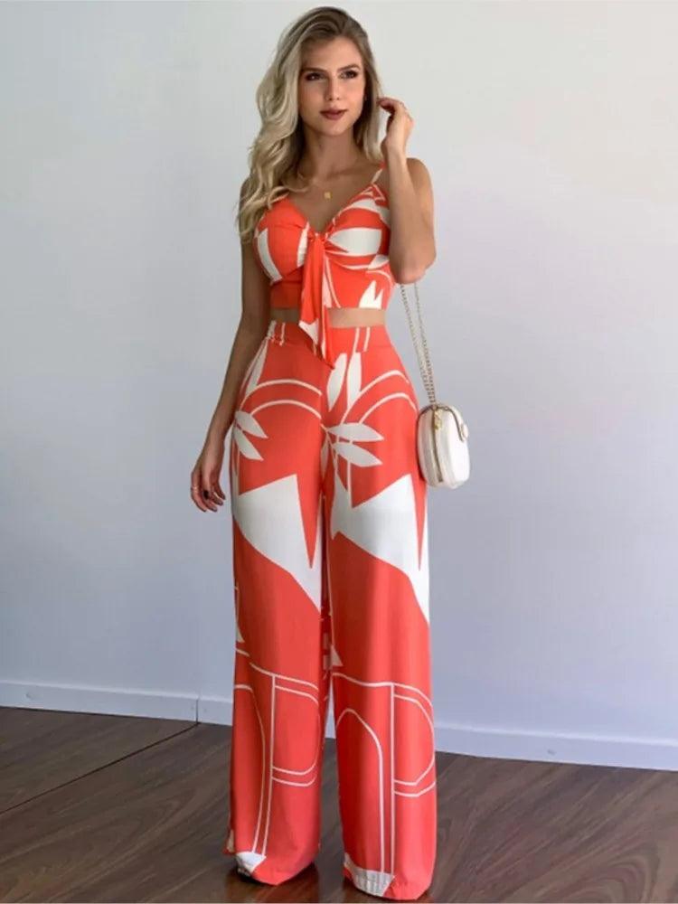 Sexy V Neck Sleeveless Tops Pants Set Office Lady Spring Summer Casual Print Blouse Trousers Two Piece Set Women Outfit 2023-THAT FASHION STORE