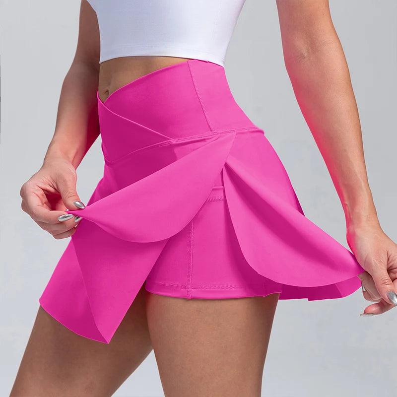 VITALINOVO Women's High Waisted Crossover Tennis Skirts Tummy Control Pleated Golf Skorts Skirts for Women with Shorts Pockets-THAT FASHION STORE