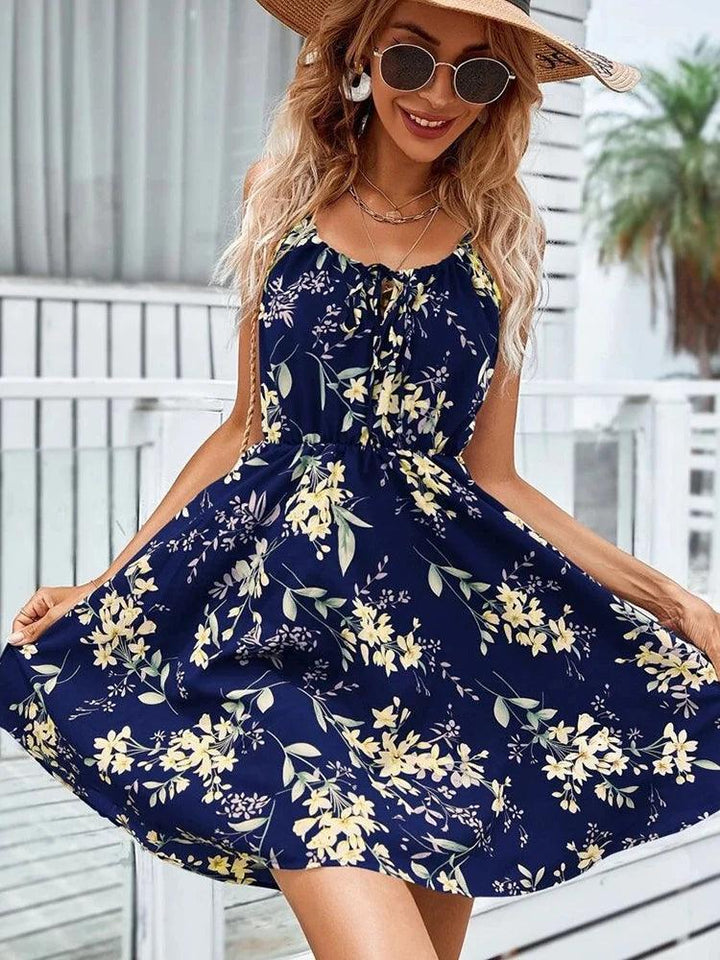 Sexy Floral Print Short Dress Women Summer Fashion Black Backless Beach Sundress Casual Sleeveless Lace-up New In Dresses 2024-THAT FASHION STORE