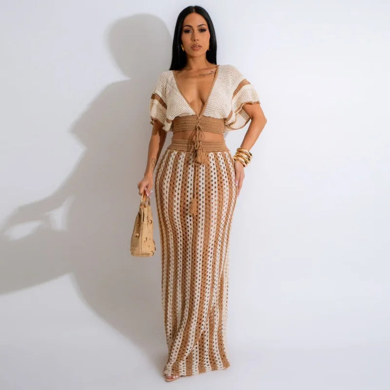 Women’s Striped Knitted V-Neck Backless Two-Piece Set with Tassel Crop Top and Long Skirt - THAT FASHION STORE