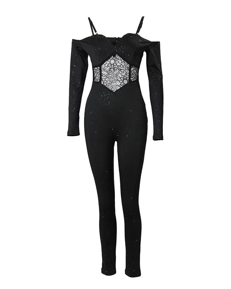 Sexy Party Night Out Jumpsuit Women Elegance 2022 Plain Glitter Cold Shoulder Long Sleeve Contrast Lace Corset Skinny Jumpsuit-THAT FASHION STORE