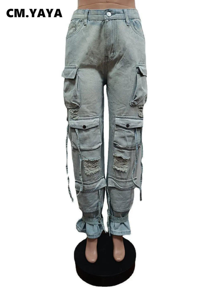 CM.YAYA Women Safari Style Ripped Out Drawstring Hem Elastic Waist Multi Pocke Denim Pants 2023 INS Fashion Cargo Jeans Trousers-THAT FASHION STORE