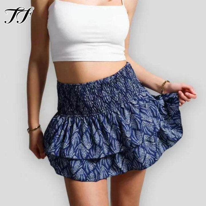 Ruffle Edge Printed Skirt Women Fashion New Floral Pleated Short Skirt Female Vacation Boho Miniskirt Sexy Girl Y2k Skirts Mujer-THAT FASHION STORE