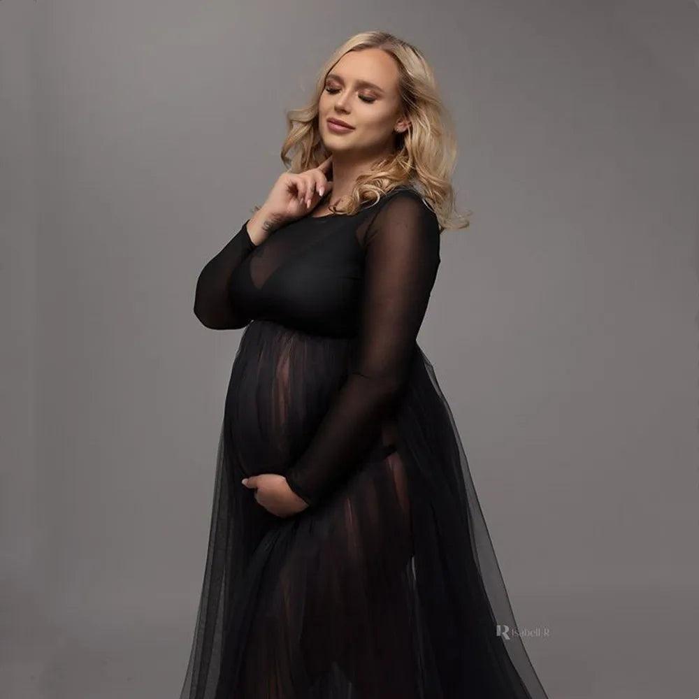 Full Sleeve Stretchy Mesh Maternity Photography Tulle Dress See Through Pregnant Woman Open Front Tulle Dress-THAT FASHION STORE