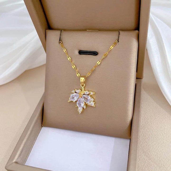 Fashion Micro-inlaid Necklace Earring Set Light Luxury Maple Leaf Personality Temperament Banquet Earrings Clavicle Chain-THAT FASHION STORE