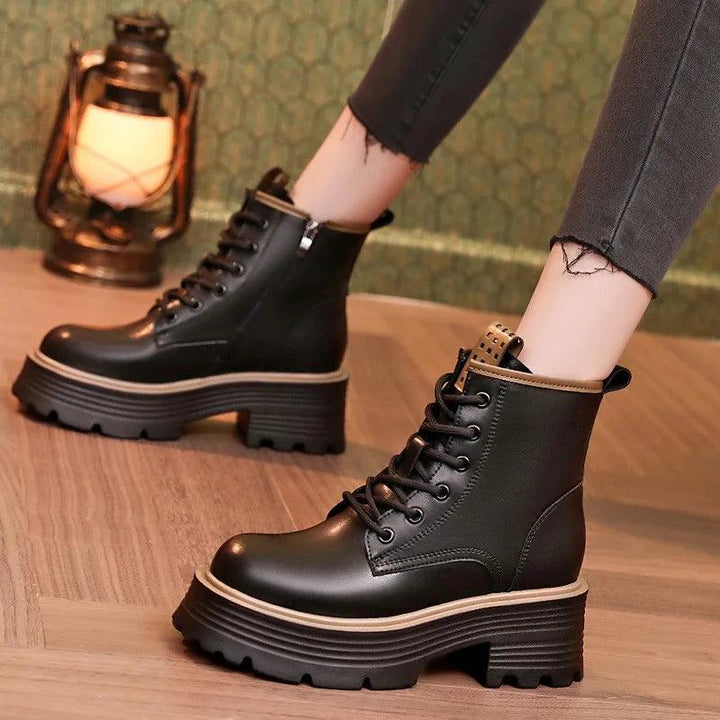 Women Shoes Boots Ankle 2022 New Autumn British Wind Genuine Leather Thick With Fur Ladies Short Boots Motorcycle heels boots-THAT FASHION STORE