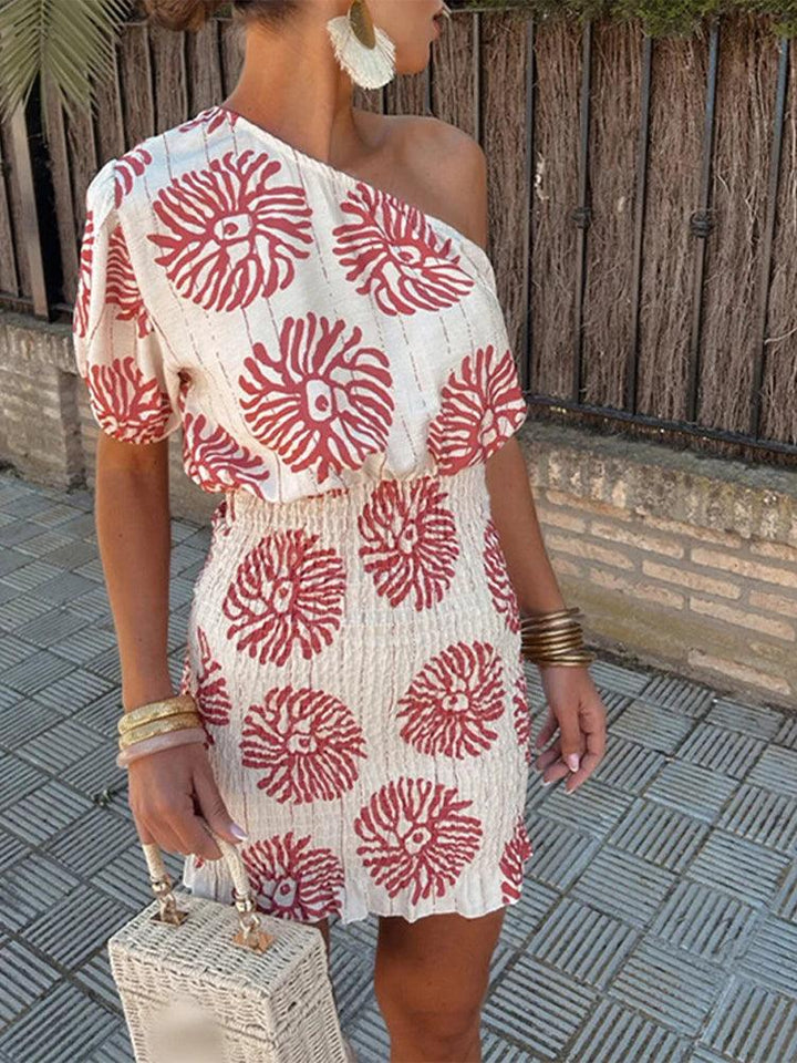 Casual Print Skew-collar Elastic Dress Women Short Sleeve High Waist Hip Package Mini Dresses 2024 Summer Holiday Chic Lady Robe-THAT FASHION STORE