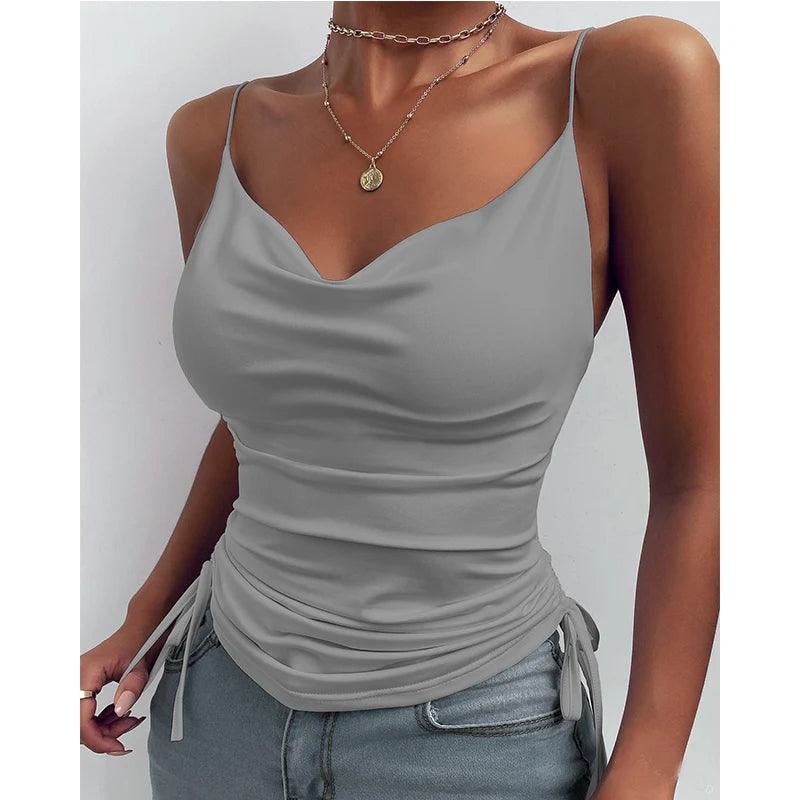 Women Tank Top V Neck Camisole Cami Drawstring Spaghetti Strap Top Loose Sleeveless Blouses Tank Shirt Summer Crop Top-THAT FASHION STORE