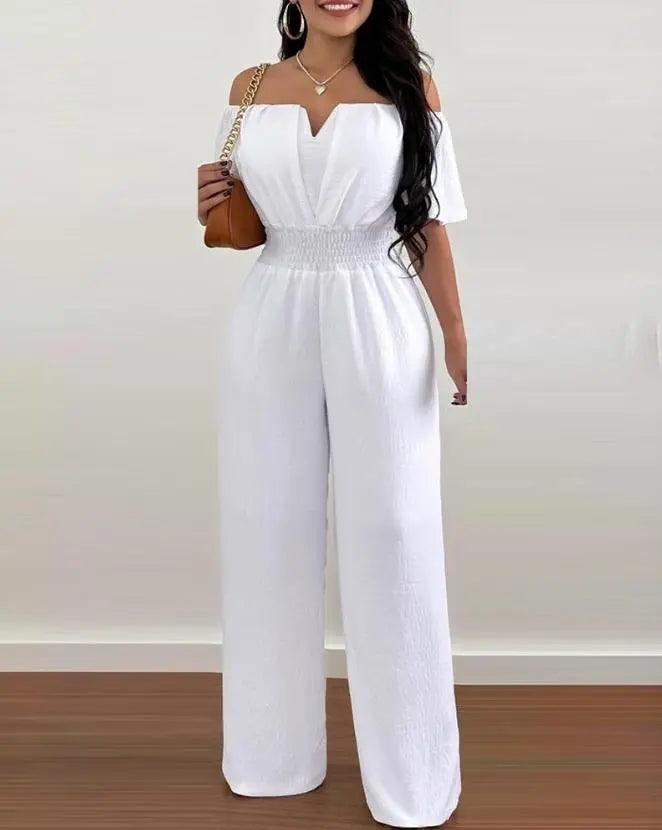 Jumpsuits for Women 2023 Spring Fashion Off Shoulder Casual Plain Short Sleeve Shirred Waist Daily Long Wide Leg Jumpsuit 2024-THAT FASHION STORE