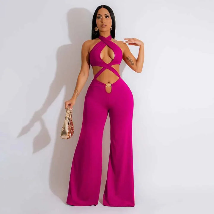 Jumpsuit Women 2024 Summer Fashion Solid Color Halter Cutout Waist Casual High Waist Sleeveless Daily Wide Leg Long Jumpsuit - THAT FASHION STORE