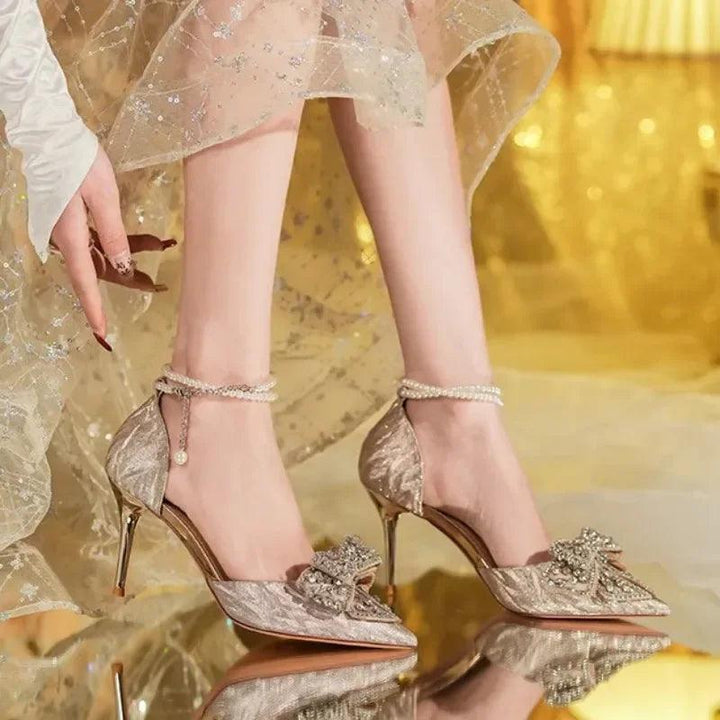 2024 Summer Luxury Women's High Heel Sandals Rhinestone Butterfly Pearl Champagne Party Wedding Shoes Birthday High Heels-THAT FASHION STORE