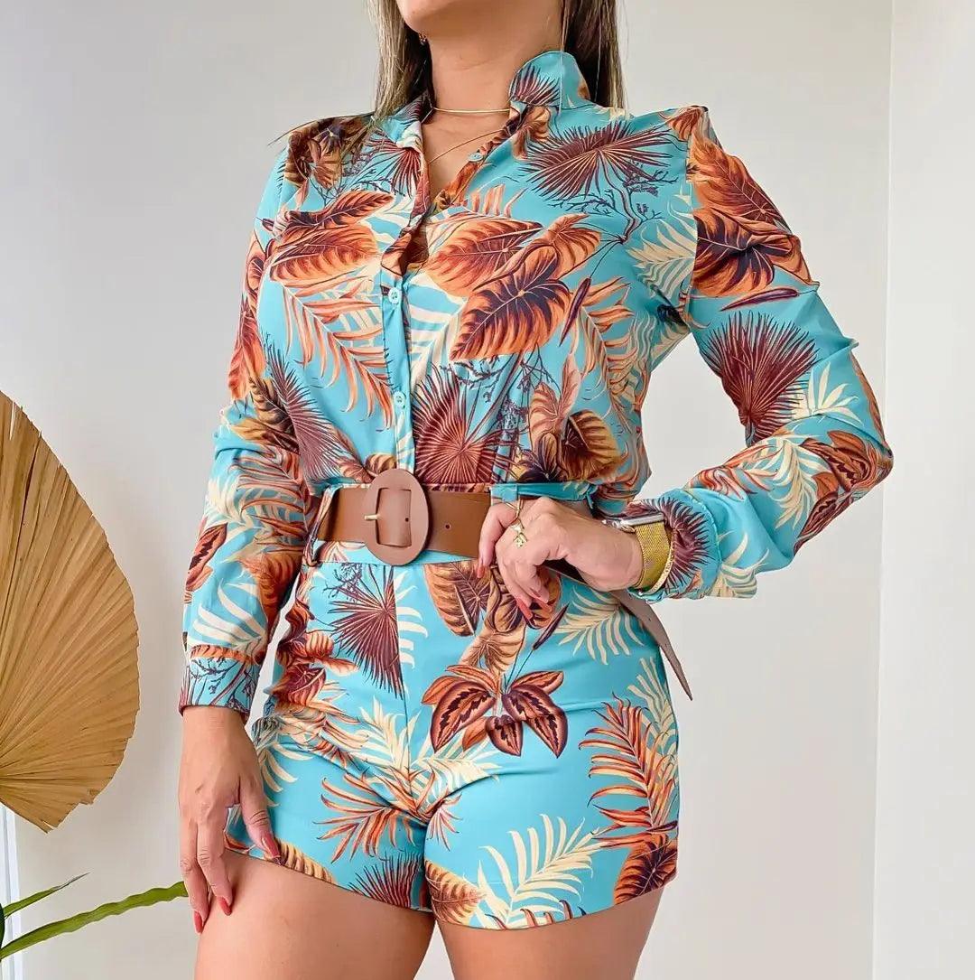 Womens Two Piece Sets Outfit Leaf Print Button Down Shirt & Shorts Set New Fashion 2023 Summer Casua Female Clothing Outfits-THAT FASHION STORE