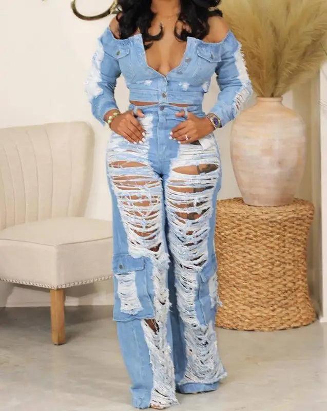 Sexy Womens Outfit High Waist Pocket Design Ripped Jeans Pants 2023 Autumn Summer Spring New Fashion Casual-THAT FASHION STORE