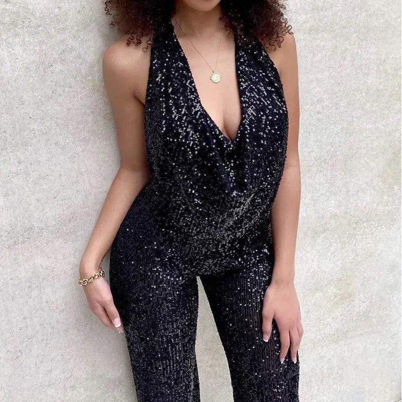 New Summer New Solid Color Sleeveless Halter Sequined Jumpsuit Fashion Straight Same Pants Women Overall Pants Jumpsuits-THAT FASHION STORE