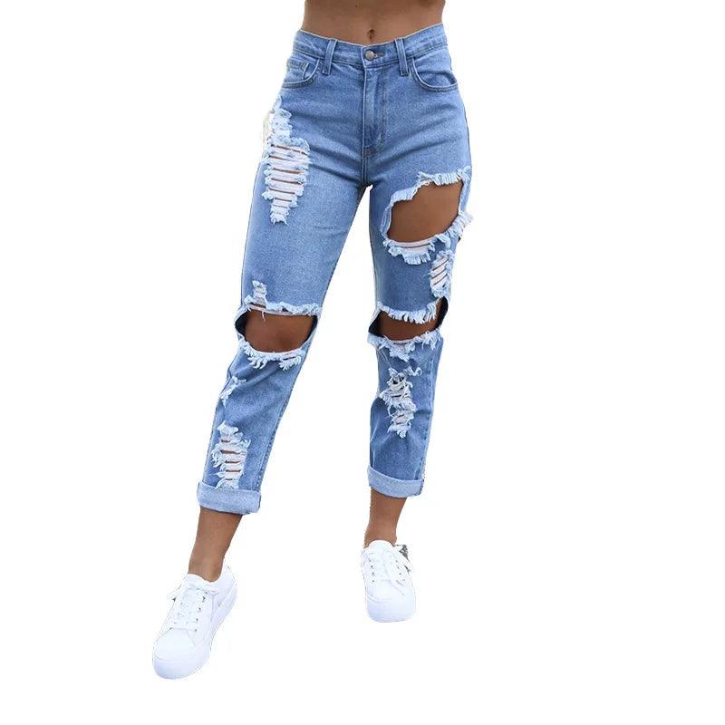 Casual Summer Ripped Hole Straight Denim Pants Y2K INS Clothes Streetwear Womens Fashion Mid Waisted Jeans-THAT FASHION STORE