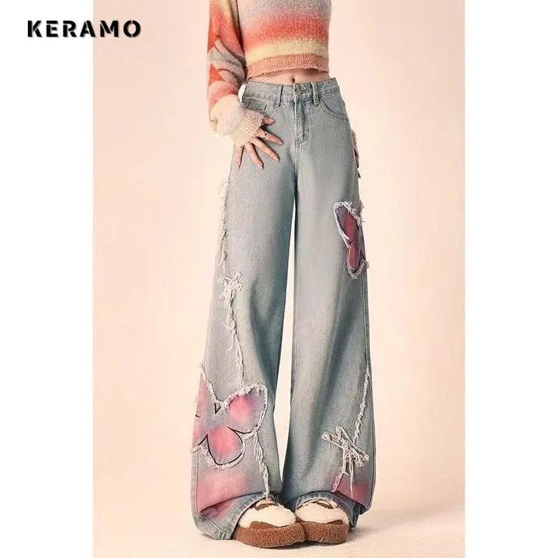 Korean Vintage Y2K Wide Leg Baggy Denim Trouser Fashion Women's Casual High Waist Pants Butterfly Print Blue Straight Jeans-THAT FASHION STORE